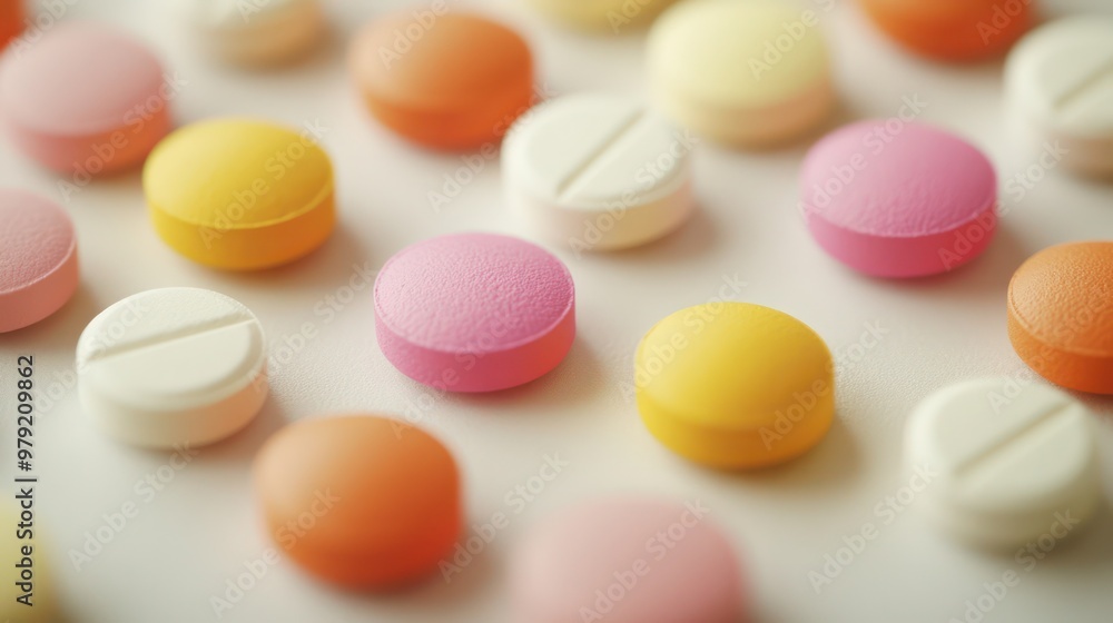 Close up view of various pills and tablets background with the detailed texture view, medicine advertising background Close up view of various pills and tablets background with the detailed texture view, medicine advertising background