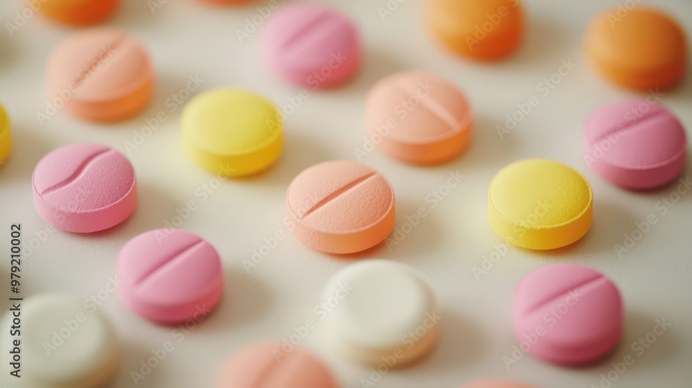 Close up view of various pills and tablets background with the detailed texture view, medicine advertising background Close up view of various pills and tablets background with the detailed texture view, medicine advertising background
