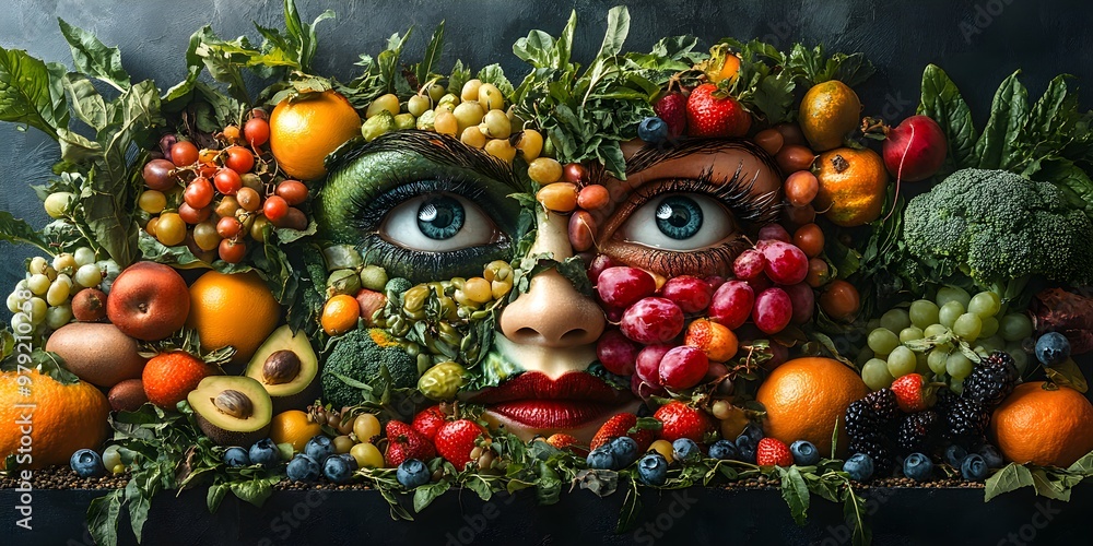 A lively metropolis where animated produce with eyes creates a playful and enchanting urban setting A lively metropolis where animated produce with eyes creates a playful and enchanting urban setting