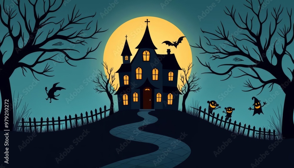 Spooky Halloween night with haunted house and ghosts Spooky Halloween night with haunted house and ghosts