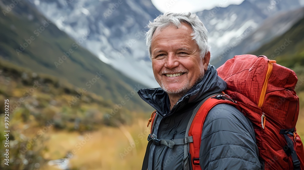 Smiling Caucasian man in outdoor gear enjoying mountain hiking. Smiling Caucasian man in outdoor gear enjoying mountain hiking.