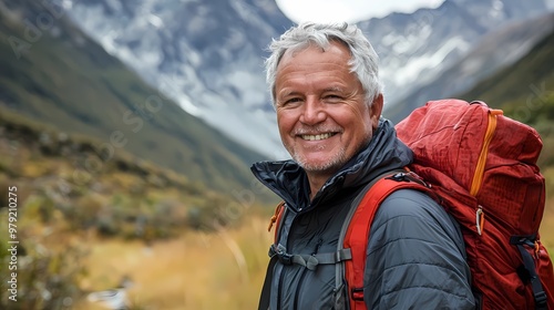 Smiling Caucasian man in outdoor gear enjoying mountain hiking.