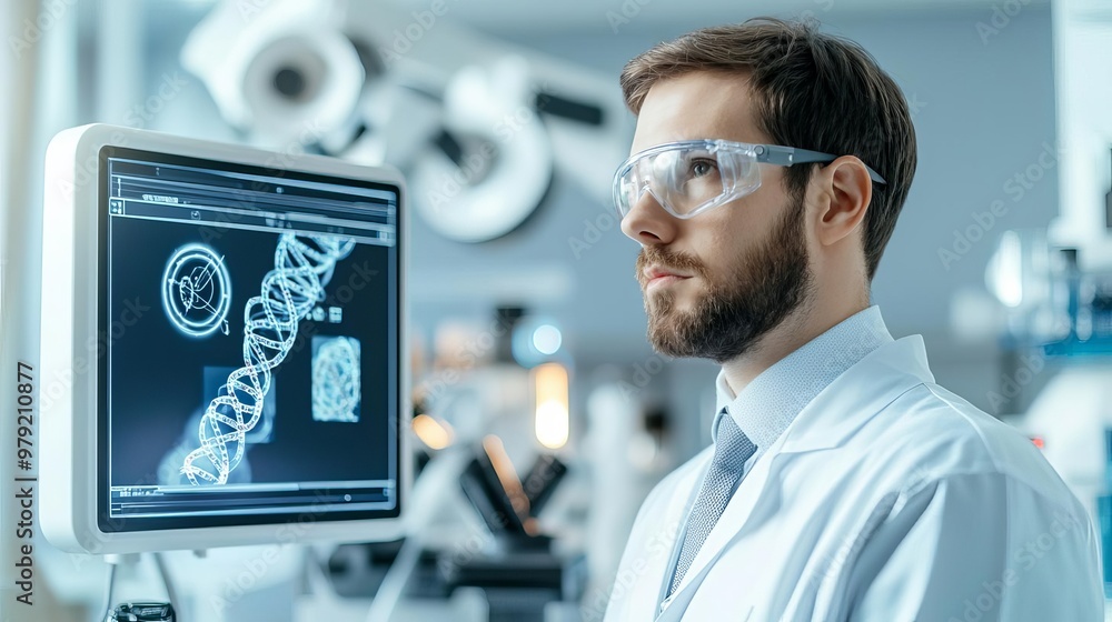 Scientist observing DNA strands on a digital screen in a high-tech lab Scientist observing DNA strands on a digital screen in a high-tech lab