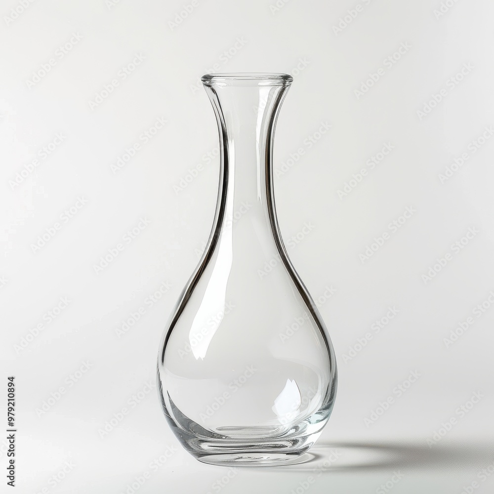 A tall, clear glass vase sits on a white background A tall, clear glass vase sits on a white background