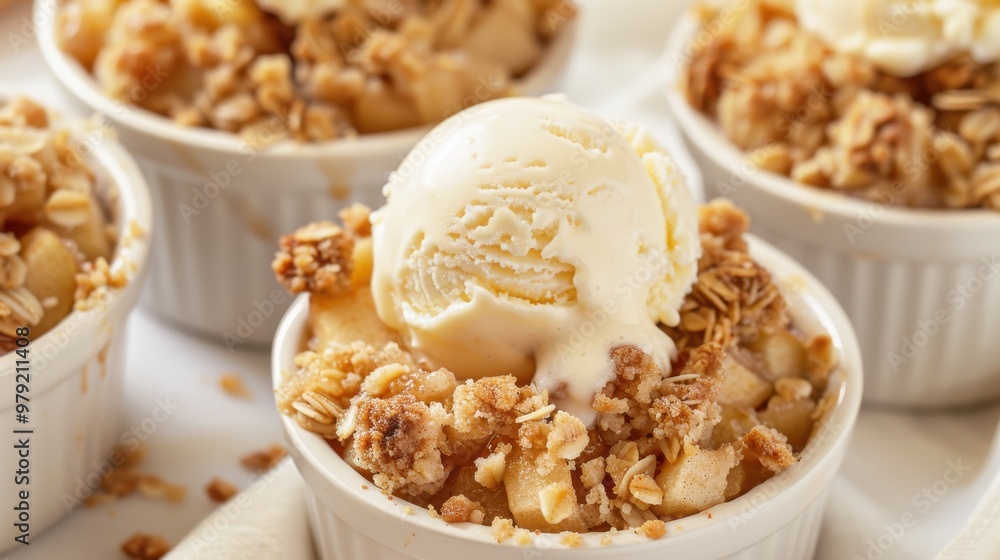 A white bowl of ice cream with a topping of granola A white bowl of ice cream with a topping of granola