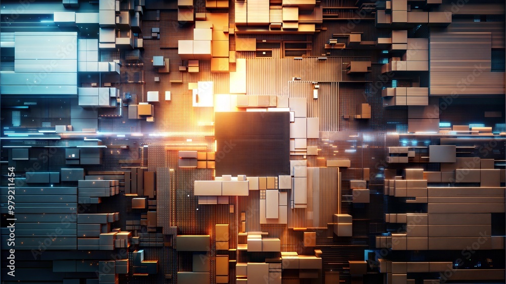3D abstract blocks with golden and metallic hues, futuristic digital structure with light reflections 3D abstract blocks with golden and metallic hues, futuristic digital structure with light reflections