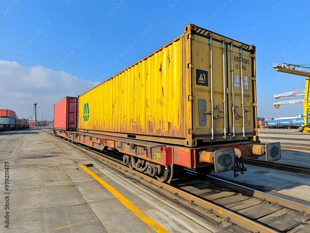 Photo, Yellow Shipping Container on Train Tracks in Freight Yard Photo, Yellow Shipping Container on Train Tracks in Freight Yard