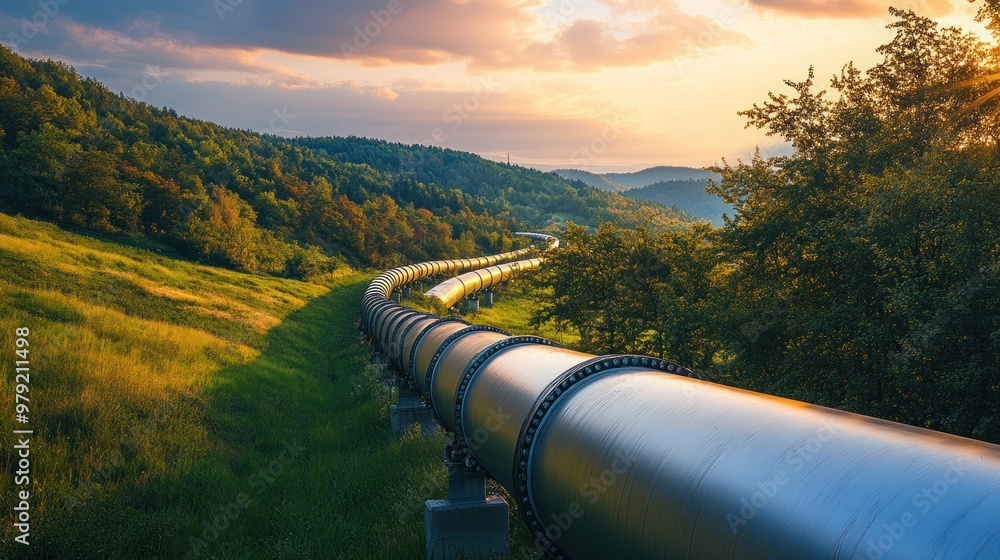 A natural gas pipeline running through a rural landscape, illustrating the transportation of fossil fuels from production areas to urban centers for energy supply A natural gas pipeline running through a rural landscape, illustrating the transportation of fossil fuels from production areas to urban centers for energy supply