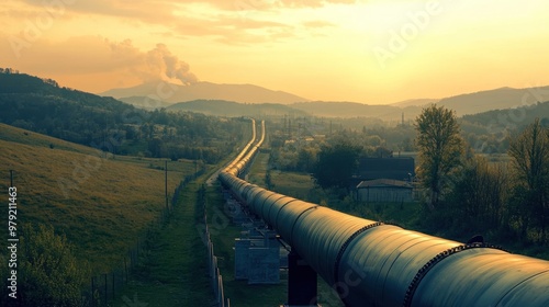 A natural gas pipeline running through a rural landscape, illustrating the transportation of fossil fuels from production areas to urban centers for energy supply photo