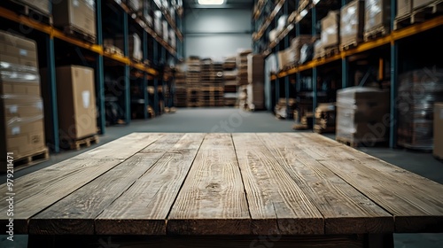 Wallpaper Mural Wooden table in a spacious warehouse filled with stacked boxes. Torontodigital.ca