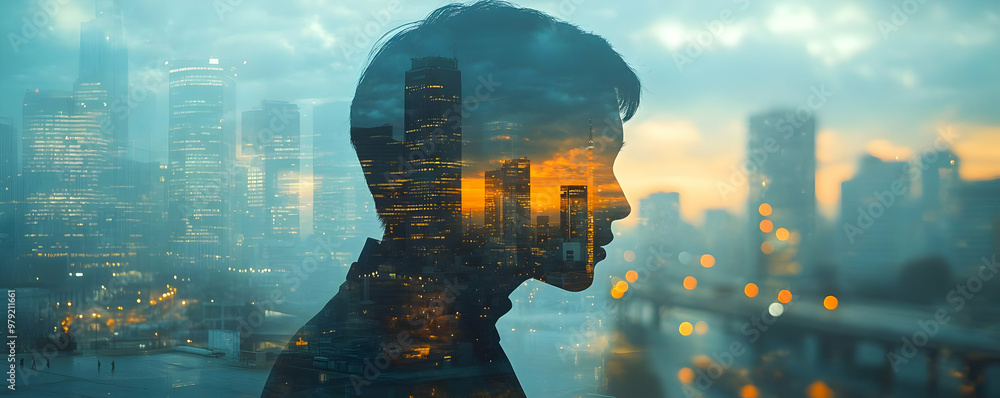 Abstract Illustration of Cityscape Reflected in Man's Face Abstract Illustration of Cityscape Reflected in Man's Face