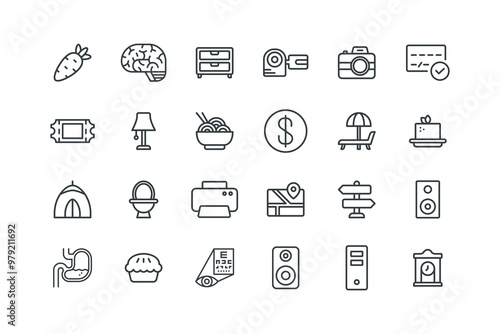 Brain, Cabinet, Camera, Camera, Card check, set of icons for web design, vector illustration