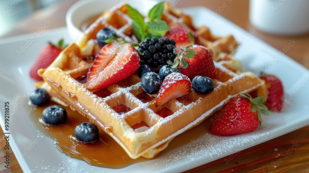 A plate of waffles with strawberries, blueberries, and blackberries A plate of waffles with strawberries, blueberries, and blackberries