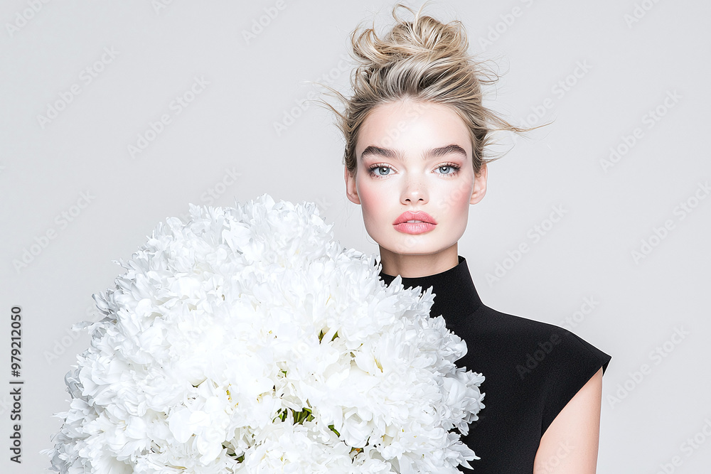 a stylish woman holding a large, modern bouquet against a plain studio background a stylish woman holding a large, modern bouquet against a plain studio background