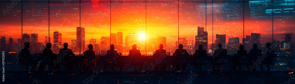 Illustration of Business Meeting at Night with City Skyline View Illustration of Business Meeting at Night with City Skyline View
