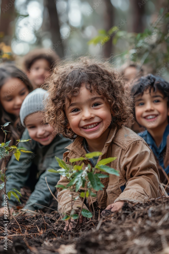 Multiethnic group of children joyfully planting trees in a forest, promoting teamwork and environmental conservation with smiles and enthusiasm on a sunny day Multiethnic group of children joyfully planting trees in a forest, promoting teamwork and environmental conservation with smiles and enthusiasm on a sunny day