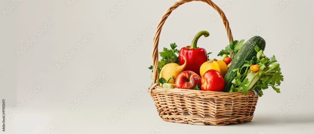A basket of fruits and vegetables is displayed on a white background A basket of fruits and vegetables is displayed on a white background