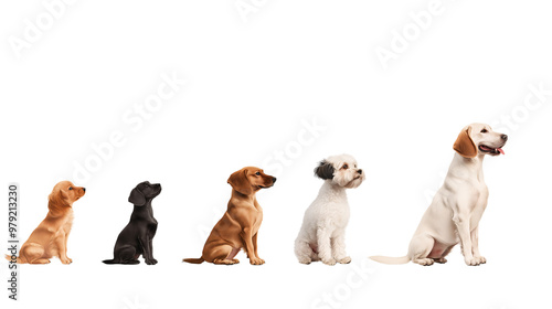 A Lineup of Anticipation: Five adorable puppies, each a different breed, sit attentively in a row, their eyes bright with curiosity, against a clean white background.