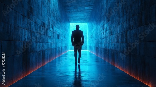 A man is walking down a dark tunnel with a blue light shining on him