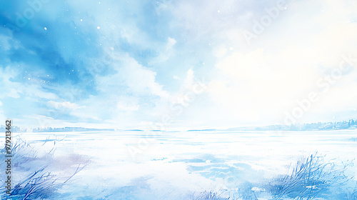 美しい雪原の水彩イラスト風景
