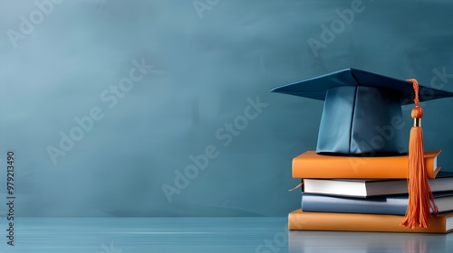 Isolated on a white background, a graduation cap with books and a diploma signifying academic success and educational achievement photo