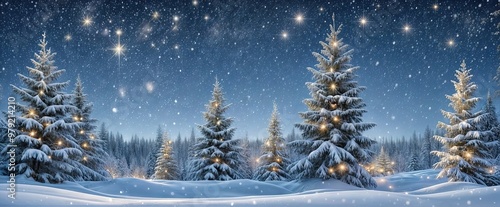 Christmas banner. Beautiful night scene with a snowy landscape and a starry sky. The scene is dominated by tall, snow-covered pine trees.