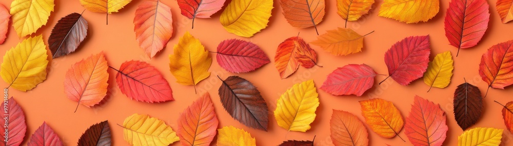 A vibrant arrangement of colorful autumn leaves on a warm orange backdrop, perfect for seasonal themes and nature-inspired designs A vibrant arrangement of colorful autumn leaves on a warm orange backdrop, perfect for seasonal themes and nature-inspired designs