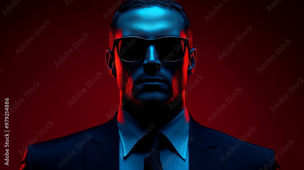A man in a suit and sunglasses is standing in front of a red background A man in a suit and sunglasses is standing in front of a red background