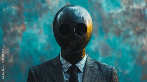 A man in a suit and tie with a black mask on his face