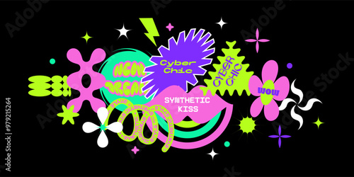 Neo brutalist Graphic designer sticker pack. Distorted geometric patches with cool quotes. Set of trendy minimalistic stamp set. Cool patches collection. Vibrant neon vector illustration.