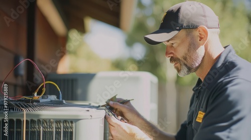 A professional technician conducting air conditioner maintenance service, checking the unit filters, and ensuring the system runs smoothly during a routine inspection