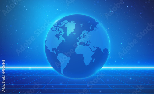 Abstract blue background with earth planet. Global network connection. World map. Worldwide information, technology, business. Vector poster EPS 10