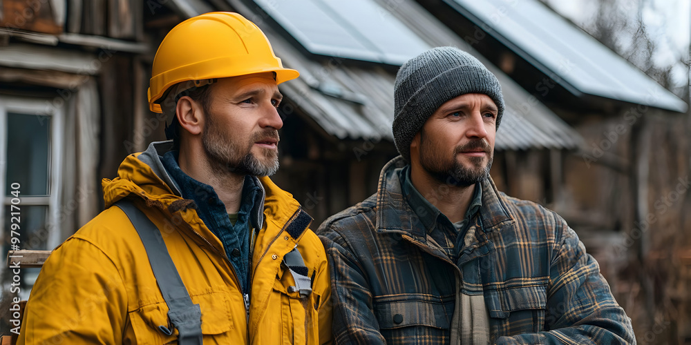 Construction Worker in Yellow Hard Hat Discusses Building Plans with Colleague - Photo Construction Worker in Yellow Hard Hat Discusses Building Plans with Colleague - Photo