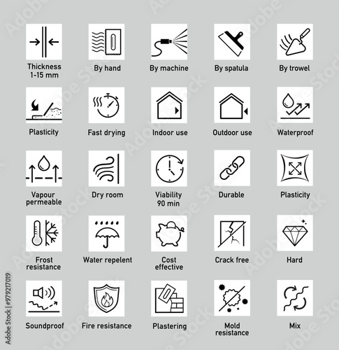Set icons for finishing, decoration materials. The outline icons are well scalable and editable. Contrasting vector elements are good for different backgrounds. EPS10.	