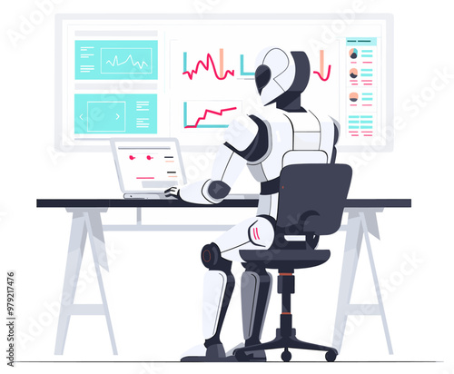 AI robot working in office as data annalist. New technologies with artificial intelligence concept