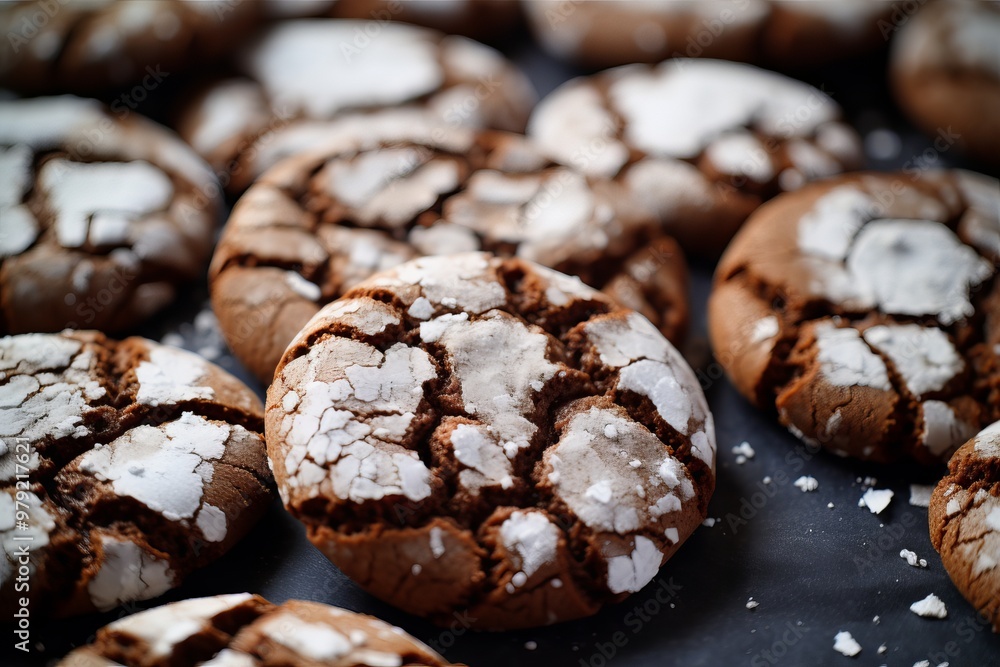 Delicious chocolate crackle cookies freshly baked on a black baking sheet in a warm kitchen Delicious chocolate crackle cookies freshly baked on a black baking sheet in a warm kitchen