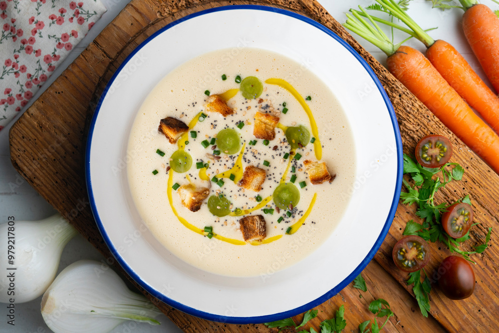 Spanish tapa cold soup of ajoblanco with grapes. Top view table with decoration. Spanish tapa cold soup of ajoblanco with grapes. Top view table with decoration.