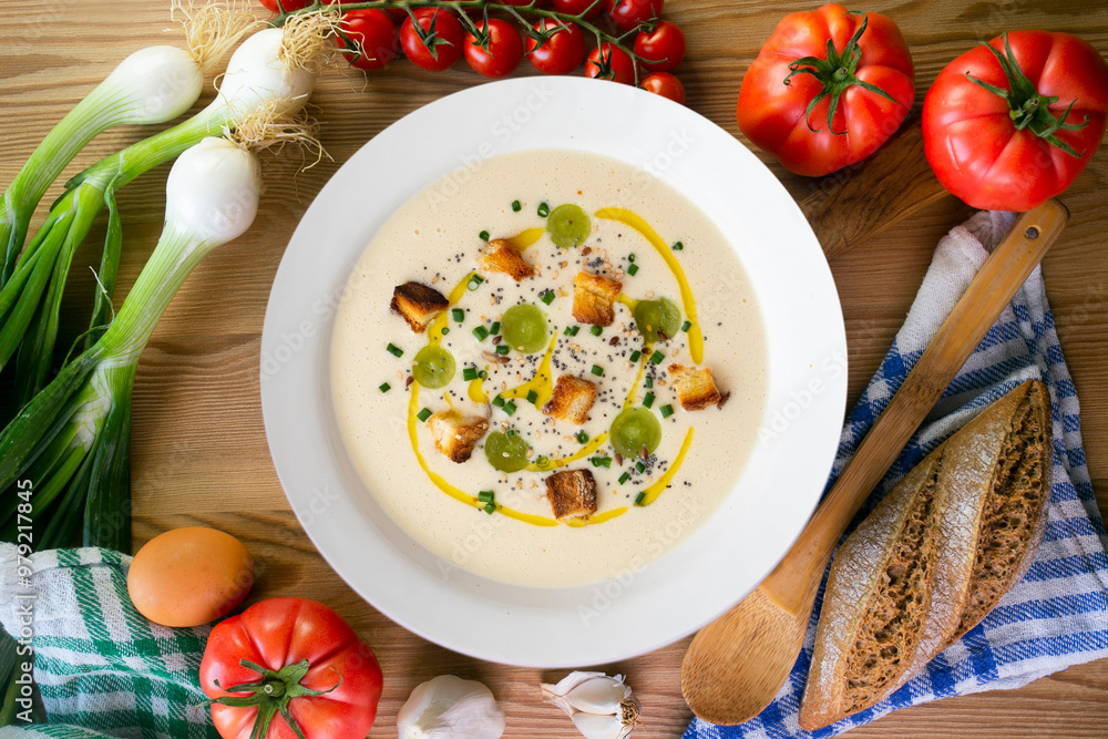 Spanish tapa cold soup of ajoblanco with grapes. Top view table with decoration. Spanish tapa cold soup of ajoblanco with grapes. Top view table with decoration.