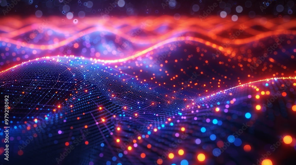 Abstract wave background with many glowing particles. Digital network background. 3D rendering. Abstract wave background with many glowing particles. Digital network background. 3D rendering.