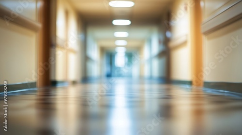 Close up view of a hospital or clinic corridor, blurred background. Ai generated image