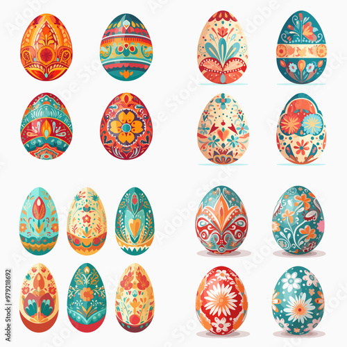 set of colorful painted eggs with floral designs
