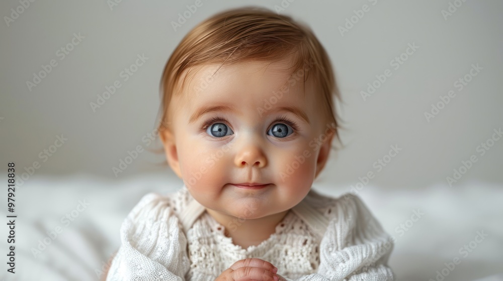 Captivating baby with sparkling blue eyes poses charmingly in a cozy room adorned with soft textures. Generative AI Captivating baby with sparkling blue eyes poses charmingly in a cozy room adorned with soft textures. Generative AI
