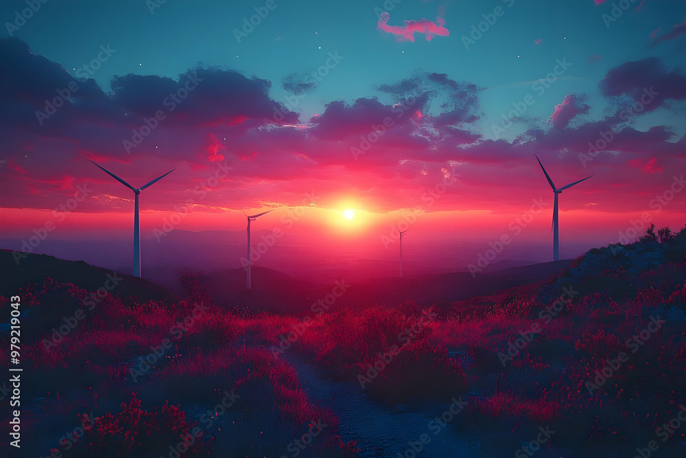 Renewable Energy Sunset - A Digital Illustration of Wind Turbines on a Hilltop at Sunset Renewable Energy Sunset - A Digital Illustration of Wind Turbines on a Hilltop at Sunset