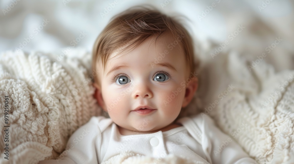 A curious baby with sparkling blue eyes gazes with wonder while nestled in a cozy, textured blanket. Generative AI A curious baby with sparkling blue eyes gazes with wonder while nestled in a cozy, textured blanket. Generative AI