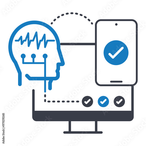 Brain Computer Interface Icon. Showcases a human head with neural connections to a computer, symbolizing. Head with wave, smartphone check mark and monitor icon. Flat illustration. 