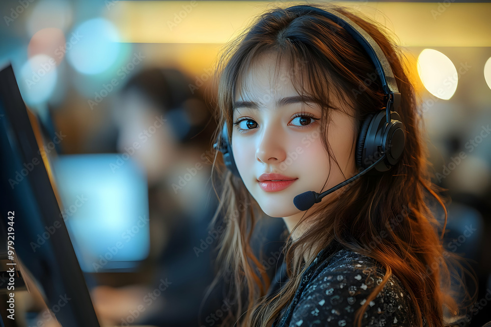 Portrait Photo - Beautiful Young Asian Woman with Headset Working in a Busy Office Portrait Photo - Beautiful Young Asian Woman with Headset Working in a Busy Office