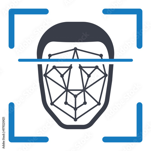 Facial Recognition Icon. Face with lines icon. Depicts a face with grid lines, symbolizing biometric identification technology. Face scanning icon. Flat illustration. 