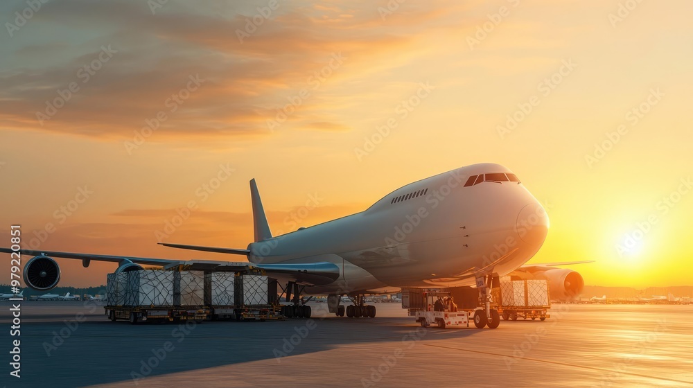 Large cargo plane at airport, logistics workers loading goods, 3D illustration Large cargo plane at airport, logistics workers loading goods, 3D illustration