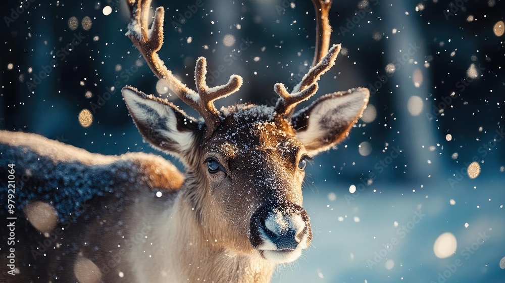 A majestic deer stands amidst falling snowflakes, showcasing the beauty of nature in a serene winter landscape. A majestic deer stands amidst falling snowflakes, showcasing the beauty of nature in a serene winter landscape.