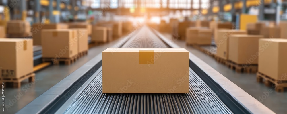 Packages on conveyor belt in automated factory, industrial logistics, 3D illustration Packages on conveyor belt in automated factory, industrial logistics, 3D illustration